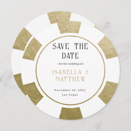 Trouwfeest goud pokerchip save the date (Voorkant / Achterkant)