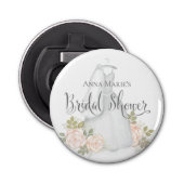 Trouwfeest gunst met blozende bloemrozen button flesopener (Voorkant)