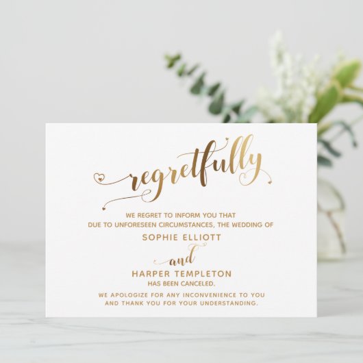 Trouwfeest helaas afgelast Goud kalligrafie kaart (Staand voorkant)