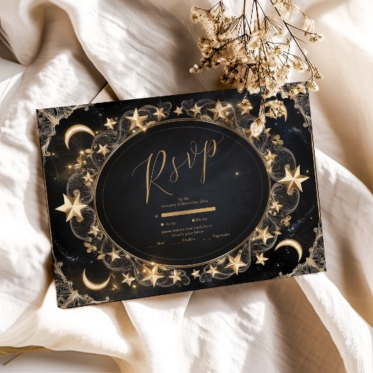 Trouwfeest Hemel Tarot Zon Maan Sterren Goud RSVP Kaartje