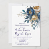 Trouwfeest in marineblauw en goud met pioenrozen  kaart (Voorkant)