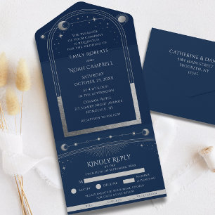 Trouwfeest in Navy Blauw Zilver met Hemellichamen All In One Uitnodiging