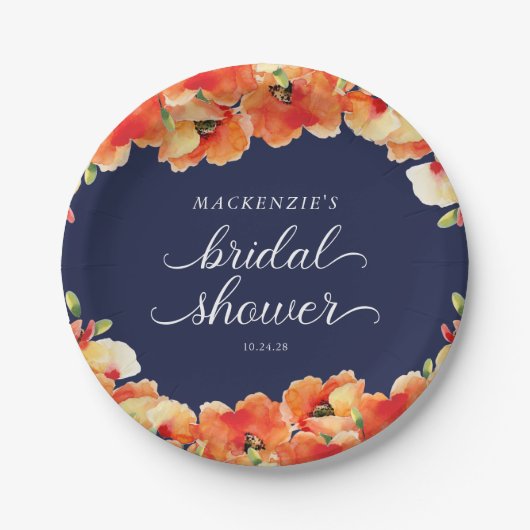 Trouwfeest in Navyblauw en Gouden Klaproos Papieren Bordje (Voorkant)