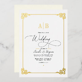 Trouwfeest in stijl met oud geld, goud en ivoor folie uitnodiging