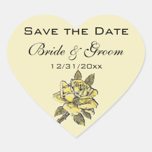 Trouwfeest in vintage stijl, gele antieke rozensla hart sticker