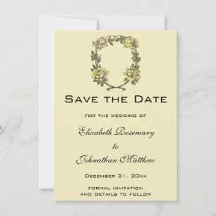 Trouwfeest in vintage-stijl, gele antieke rozensla save the date