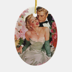 Trouwfeest in vintage stijl, retro bruid en bruide keramisch ornament