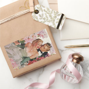 Trouwfeest in vintage stijl, retro bruid en bruide rechthoekige sticker