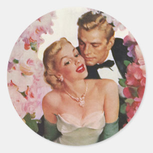 Trouwfeest in vintage stijl, retro bruid en bruide ronde sticker