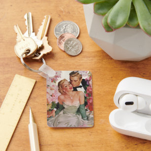 Trouwfeest in vintage stijl, retro bruid en bruide sleutelhanger