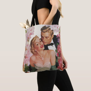 Trouwfeest in vintage stijl, retro bruid en bruide tote bag
