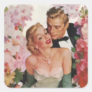 Trouwfeest in vintage stijl, retro bruid en bruide vierkante sticker