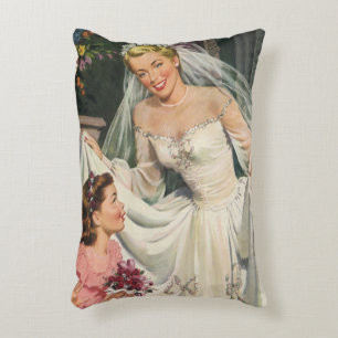 Trouwfeest in vintage stijl, retro bruid met bloem accent kussen