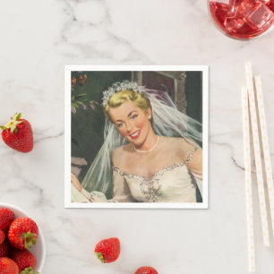 Trouwfeest in vintage stijl, retro bruid met bloem servet