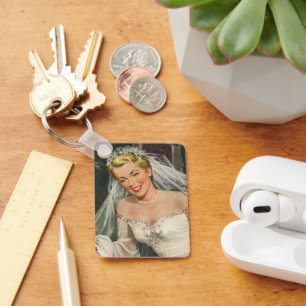 Trouwfeest in vintage stijl, retro bruid met bloem sleutelhanger