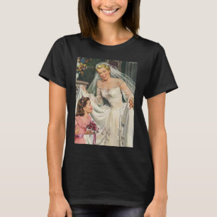 Trouwfeest in vintage stijl, retro bruid met bloem t-shirt