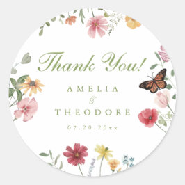 Trouwfeest in wilde bloementuin ronde sticker