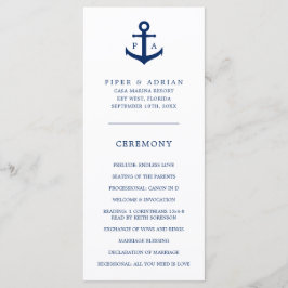 Trouwfeest met anker-monogram in marineblauw programmakaart
