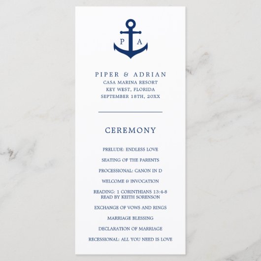 Trouwfeest met anker-monogram in marineblauw programmakaart (Voorkant)