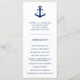 Trouwfeest met anker-monogram in marineblauw programmakaart