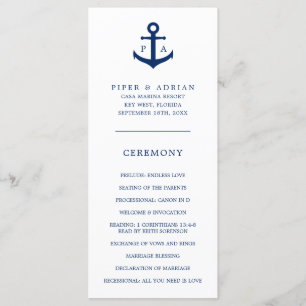 Trouwfeest met anker-monogram in marineblauw programmakaart