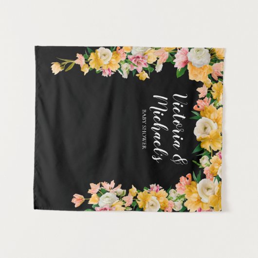 Trouwfeest met bloemen achtergrond in felle kleure wandkleed (Voorkant (horizontaal))