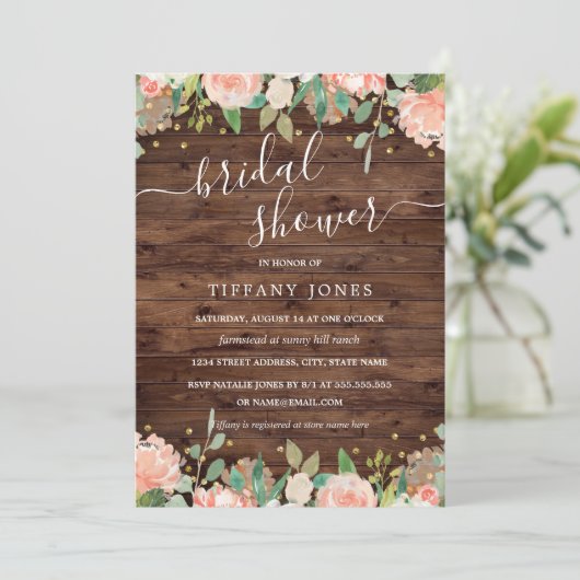 Trouwfeest met bloemige blos gouden roestige houte kaart (Staand voorkant)