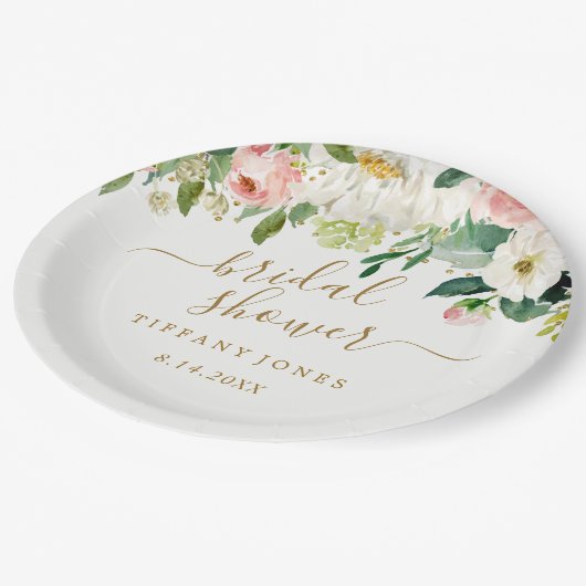 Trouwfeest met bloemige roze gouden confetti papieren bordje (Gekanteld)