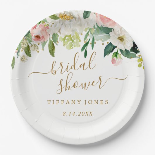 Trouwfeest met bloemige roze gouden confetti papieren bordje (Voorkant)