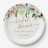 Trouwfeest met bloemige roze goudkleurige confetti papieren bordje (Voorkant)