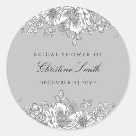 Trouwfeest met grijze bloemenlijn kunst ronde sticker