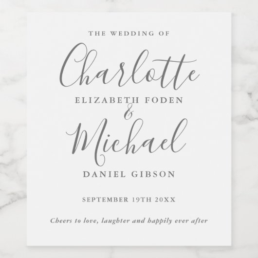 Trouwfeest met grijze en witte handtekening script wijn etiket (Enkel label)