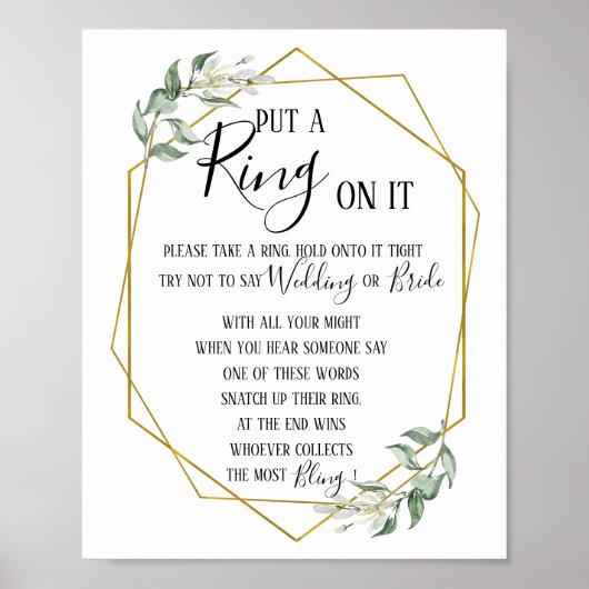Trouwfeest met groen blad 'Put a Ring on it' spelb Poster (Voorkant)