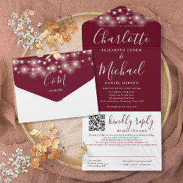 Trouwfeest met kerstverlichting Burgundy QR-code All In One Uitnodiging