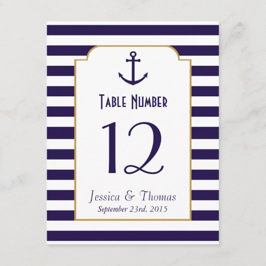 Trouwfeest met marine en witte ankerstreep kaart (Achterkant)