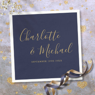 Trouwfeest met marineblauw en goud signature schri servet