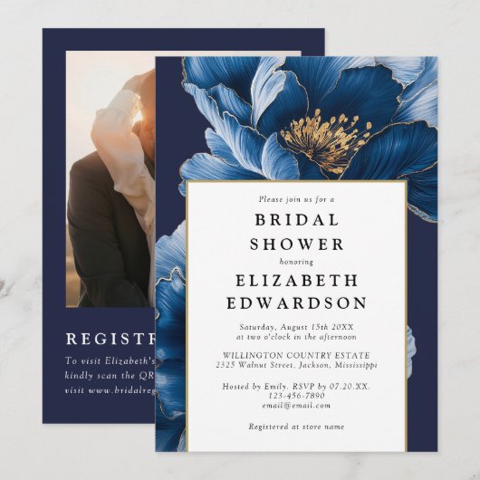 Trouwfeest met Navy-blauwe bloemen en QR-code Kaart (Voorkant / Achterkant)