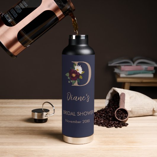 Trouwfeest met Navy Bloem Monogram Letter D Waterfles (Koffie)