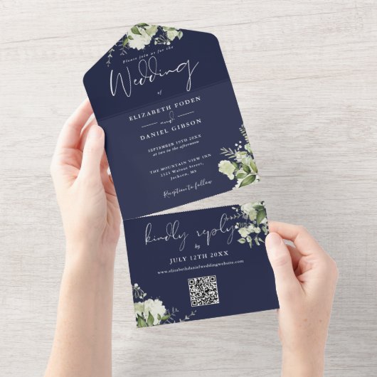 Trouwfeest met Navy Blue Greenery QR Code Monogram All In One Uitnodiging (Afscheurbaar)