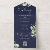 Trouwfeest met Navy Blue Greenery QR Code Monogram All In One Uitnodiging (Binnen)