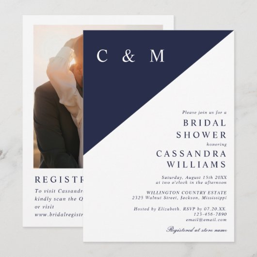 Trouwfeest met Navy Blue Monogram Foto QR Code Kaart (Voorkant / Achterkant)