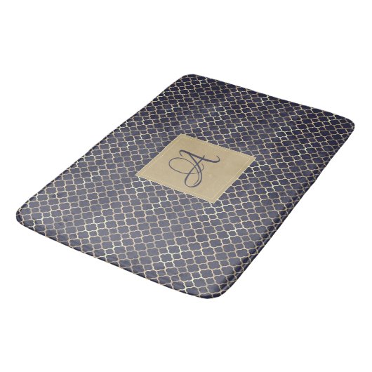 Trouwfeest met Navy Blue Monogram Quatrefoil Badmat (Gekanteld)