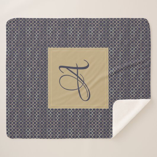 Trouwfeest met Navy Blue Monogram Quatrefoil Sherpa Deken (Voorkant (horizontaal))