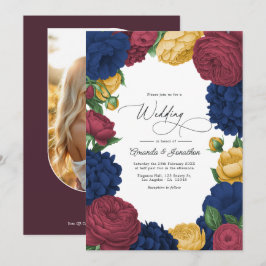 Trouwfeest met Navy, Burgundy & Gouden Bloemen Kaart
