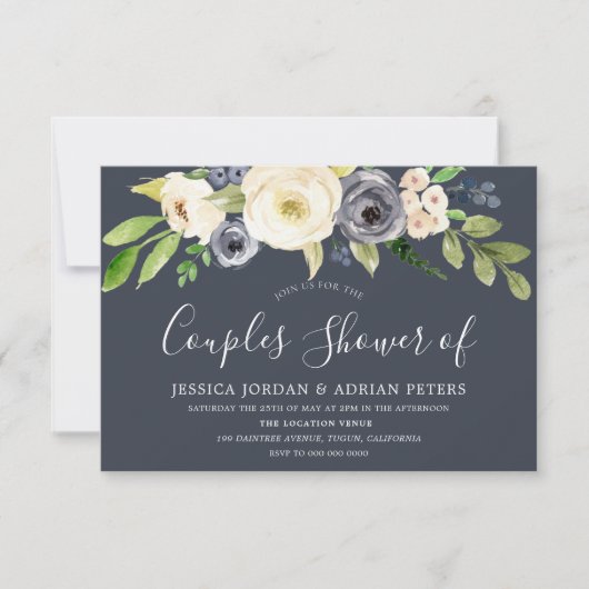 Trouwfeest met Navy & White Watercolor Bloemen Kaart (Voorkant)