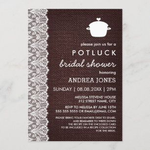 Trouwfeest met potluck en kanten ruwe jute stof kaart
