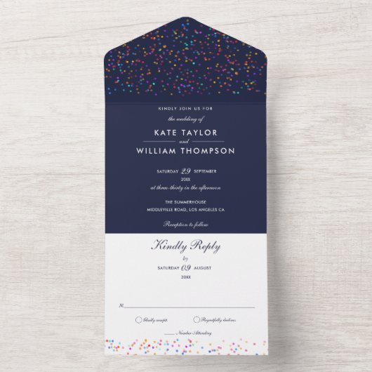 Trouwfeest met regenboogconfetti en navyblauw mono all in one uitnodiging (Binnen)