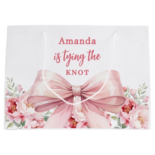 Trouwfeest met roze bloemstuk lint groot cadeauzakje (Voorkant)