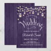Trouwfeest met Rustieke Paarse Hout & Lichten Kaart (Voorkant / Achterkant)