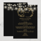 Trouwfeest met slingerlichtjes zwart en goud bloem menu (Voorkant / Achterkant)